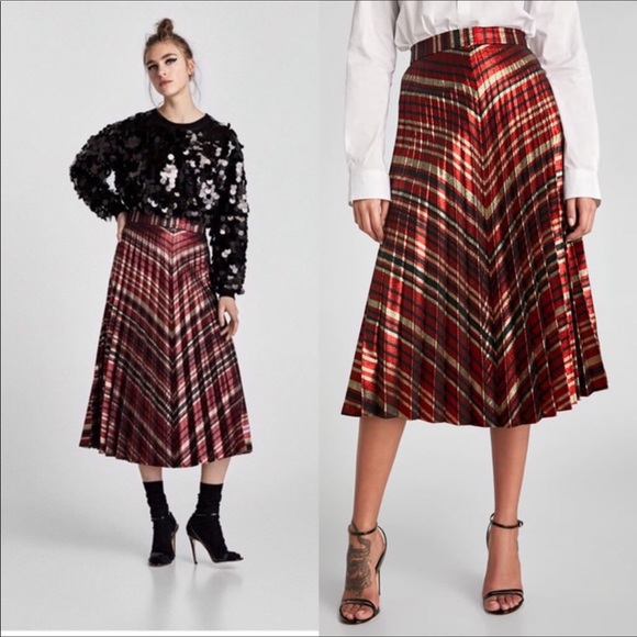 ❌❌SOLD❌❌ZARA PLEATED METALLIC STRIPED HIGH WAIST MIDI SKIRT - Picture 3 of 8